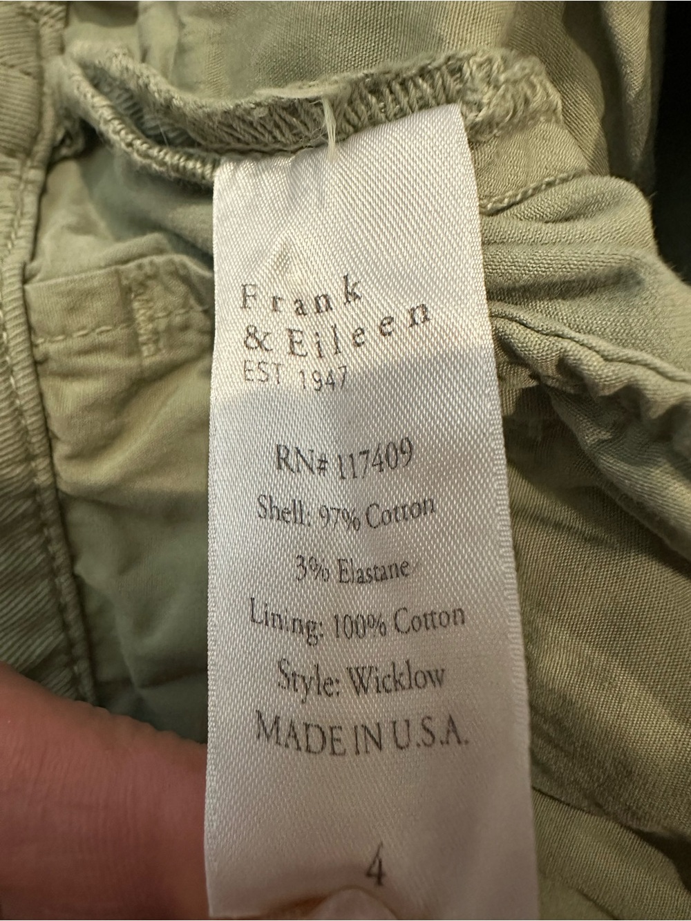 Frank & Eileen Wicklow Chino Crop Pants in Army Green. - Picture 8 of 8